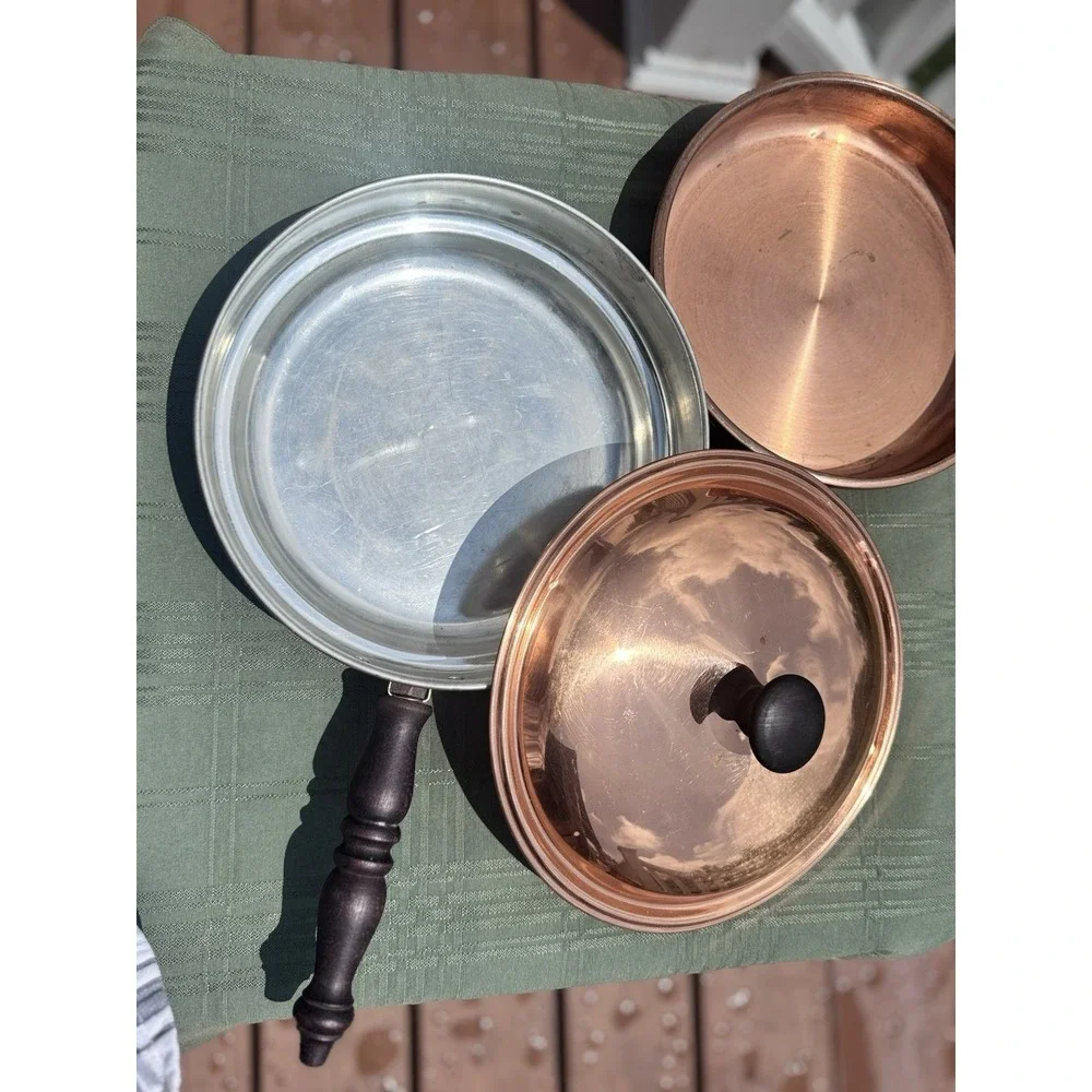 Vintage Italian 3 Piece Copper Double Boiler Chafing Pan Wood Handle Lid 9.25